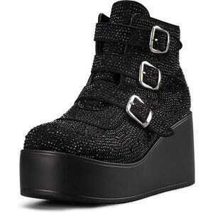 Lucky Step Women Black Round Toe Zipper Wedges High Heel Rave Buckle Booties